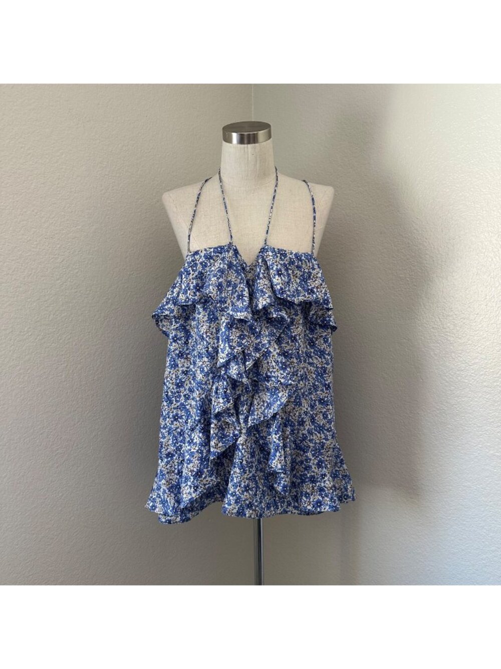 Banana Republic Pullover Blouse Ruffle Strappy Silk Lightweight Blue Floral Prin